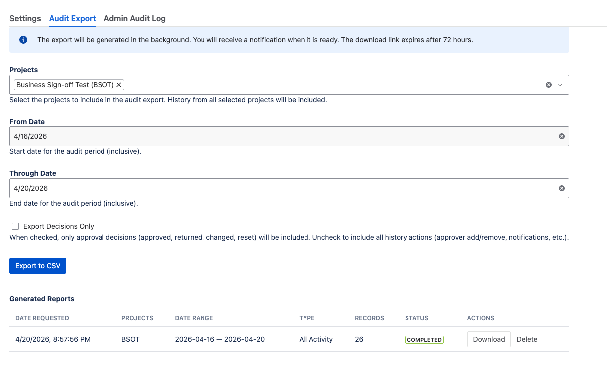 Audit Export tab