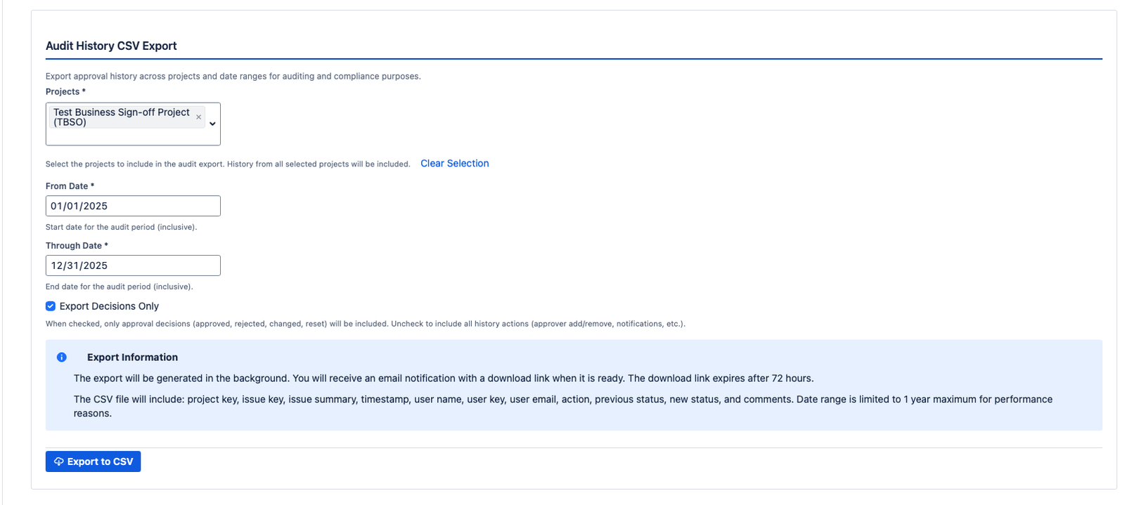 The Audit Export section showing the project dropdown, date range pickers, the Start Export button, and a completed export with a Download link