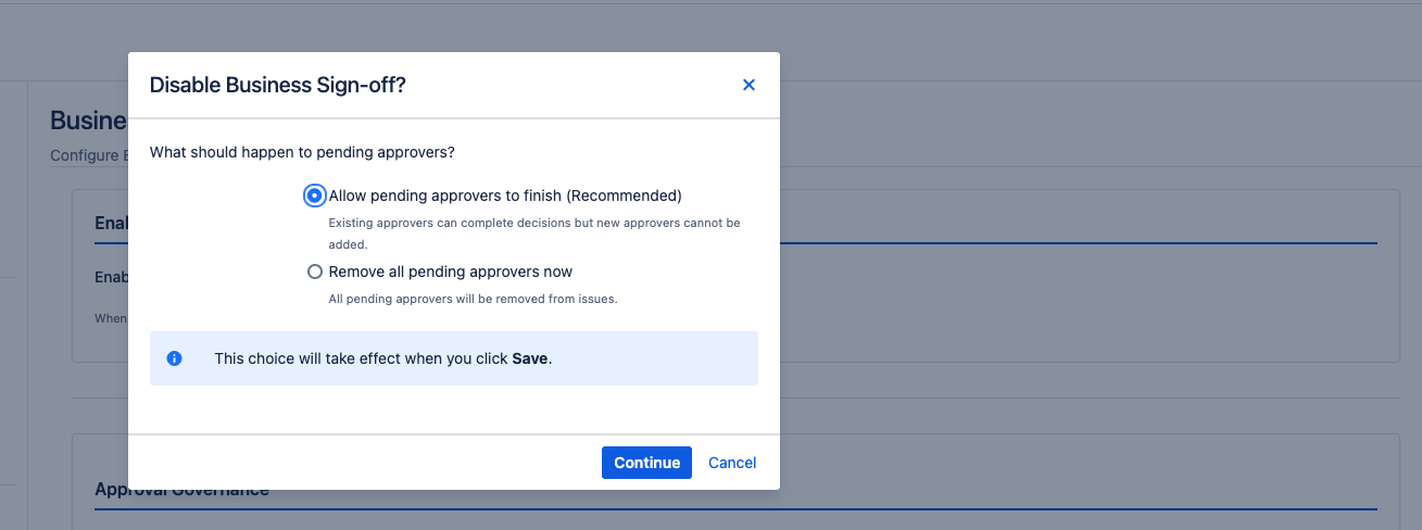The disable confirmation dialog showing "Finishing Mode" options for handling issues with pending approvals across projects