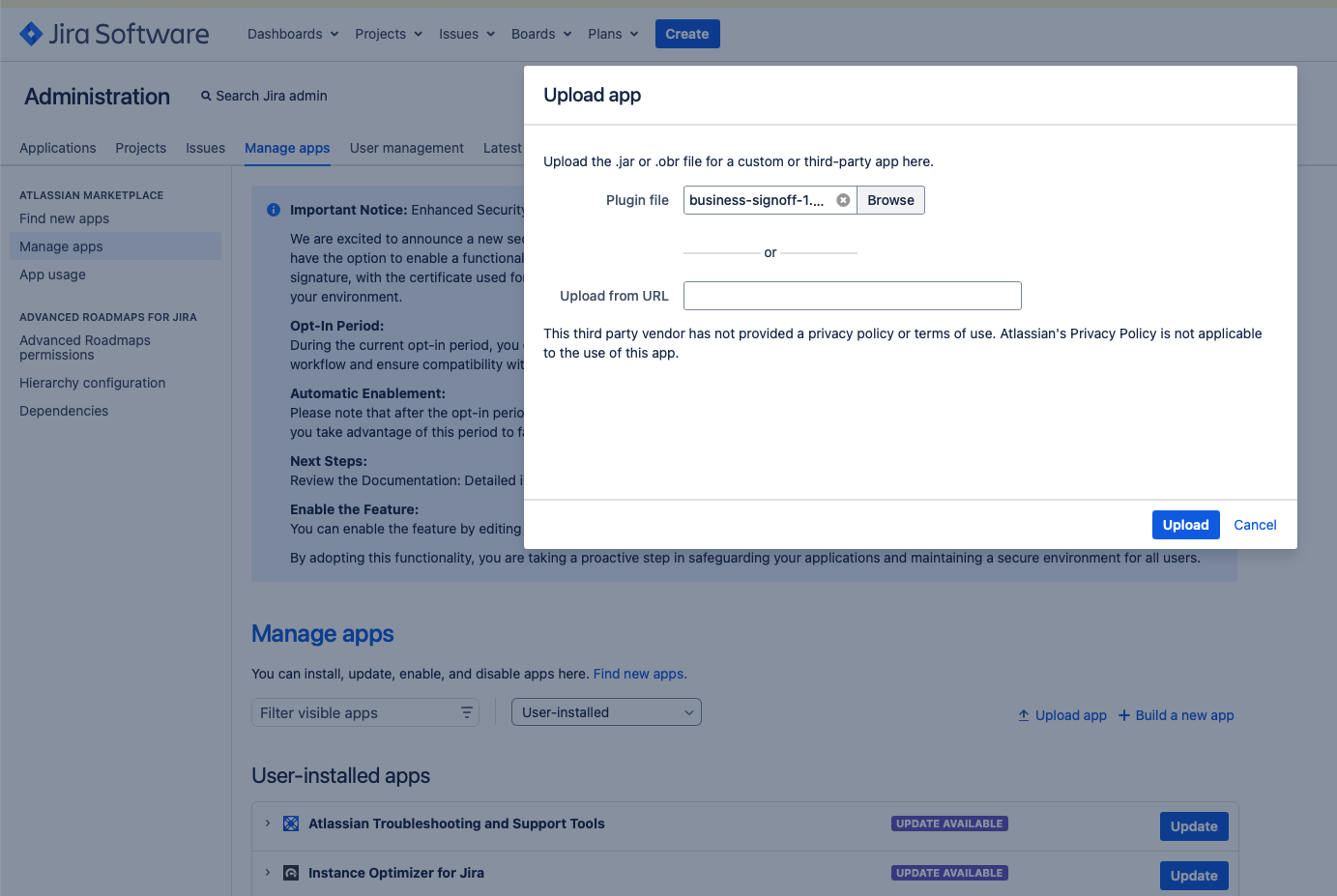 Jira "Manage Apps" page with the "Upload app" dialog open showing the file selector and the Business Sign-off JAR selected
