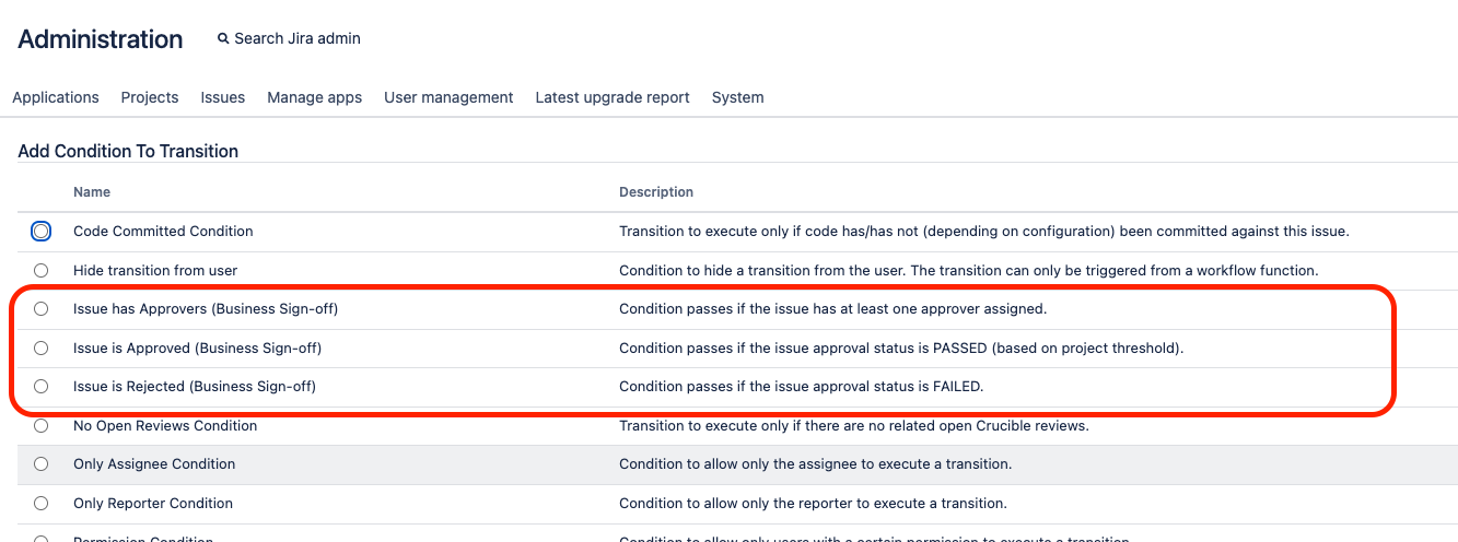The workflow editor's "Add Condition" dialog showing the three Business Sign-off conditions listed under the plugin category